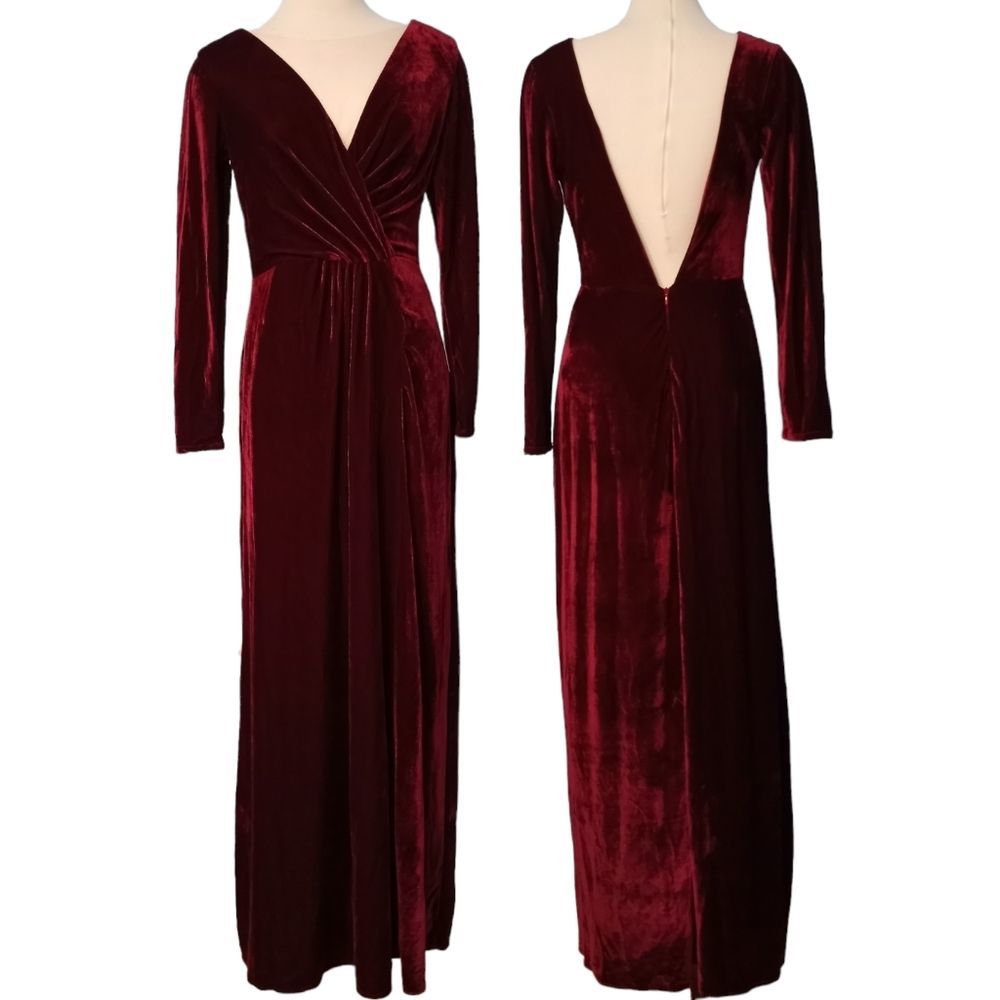 Velvet V- Neck Long Sleeve Lace Cut out Formal Party Gown Dress size 8 Burgundy